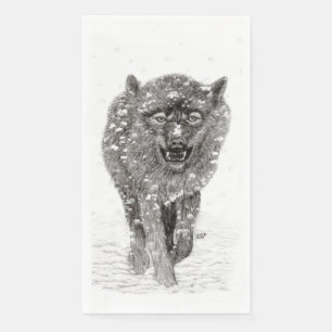 Angry Black Wolf in the Snow , wild Winter Napkin