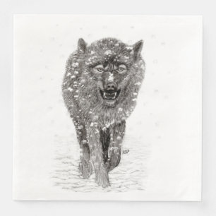 Angry Black Wolf in the Snow , wild Winter Napkin