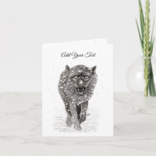 Angry Black Wolf in the Snow , wild Winter Note Card