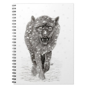 Angry Black Wolf in the Snow , wild Winter Notebook