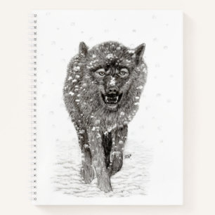 Angry Black Wolf in the Snow , wild Winter Notebook