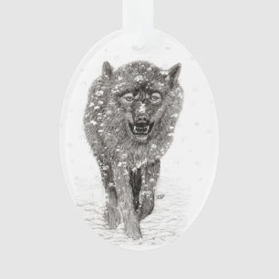 Angry Black Wolf in the Snow , wild Winter Ornament
