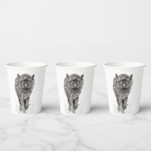 Angry Black Wolf in the Snow , wild Winter Paper Cups
