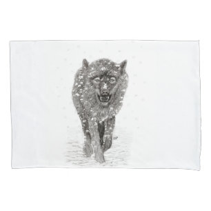 Angry Black Wolf in the Snow , wild Winter Pillowcase