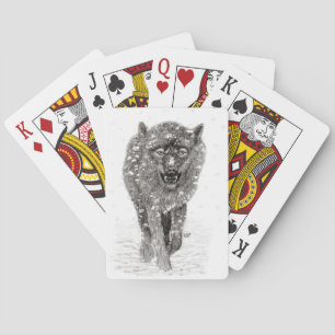 Angry Black Wolf in the Snow , wild Winter Playing Cards