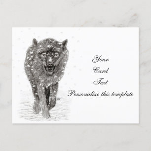 Angry Black Wolf in the Snow , wild Winter Postcard
