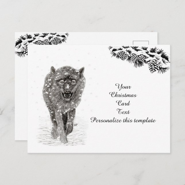 Angry Black Wolf in the Snow , wild Winter Postcard (Front/Back)
