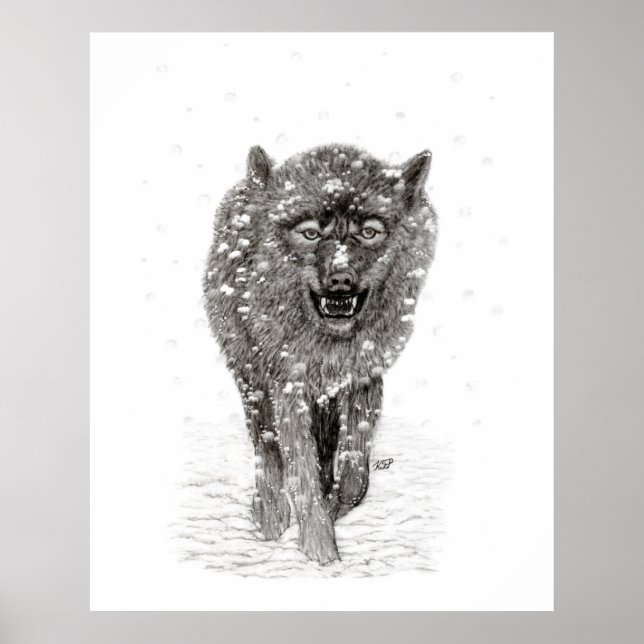 Angry Black Wolf in the Snow , wild Winter Poster (Front)