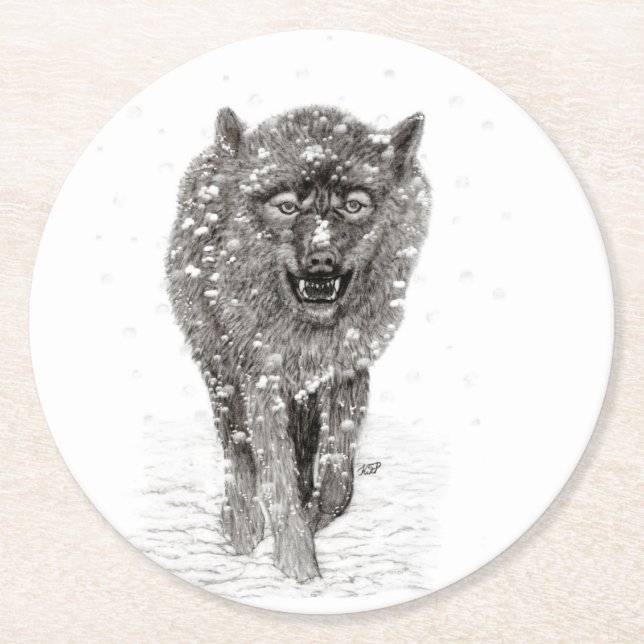 Angry Black Wolf in the Snow , wild Winter Round Paper Coaster (Front)
