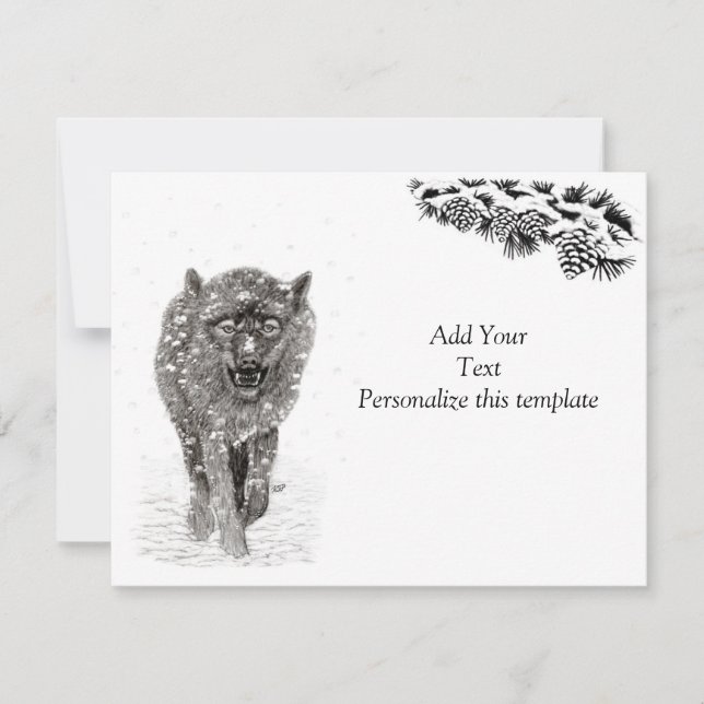 Angry Black Wolf in the Snow , wild Winter RSVP Card (Front)