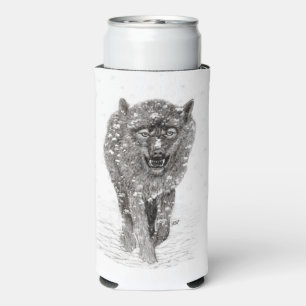 Angry Black Wolf in the Snow , wild Winter Seltzer Can Cooler