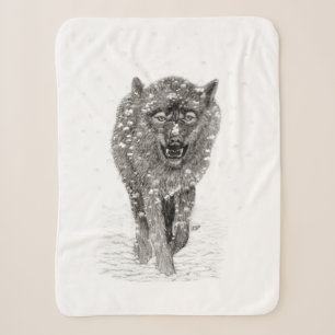 Angry Black Wolf in the Snow , wild Winter Sherpa Blanket