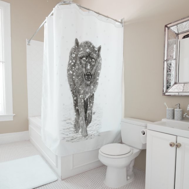 Angry Black Wolf in the Snow , wild Winter Shower Curtain (In Situ)