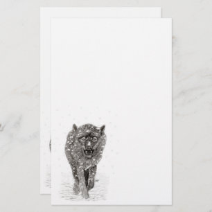 Angry Black Wolf in the Snow , wild Winter Stationery