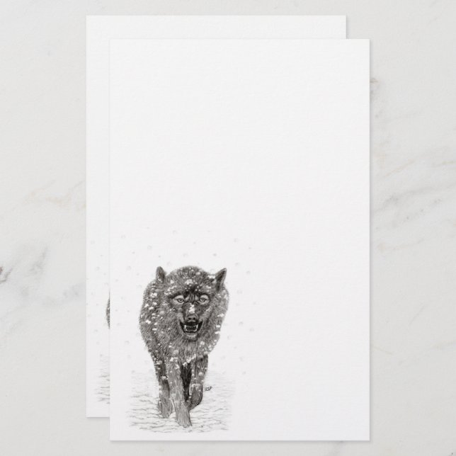 Angry Black Wolf in the Snow , wild Winter Stationery (Front/Back)