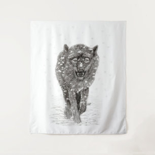 Angry Black Wolf in the Snow , wild Winter Tapestry