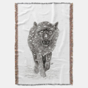 Angry Black Wolf in the Snow , wild Winter Throw Blanket