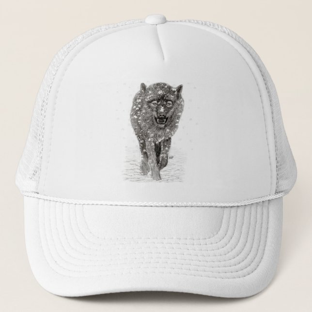 Angry Black Wolf in the Snow , wild Winter Trucker Hat (Front)