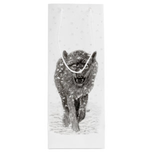 Angry Black Wolf in the Snow , wild Winter Wine Gift Bag