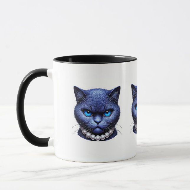 Angry Blue Cat in Pearls Moody Election Vibes Mug (Left)