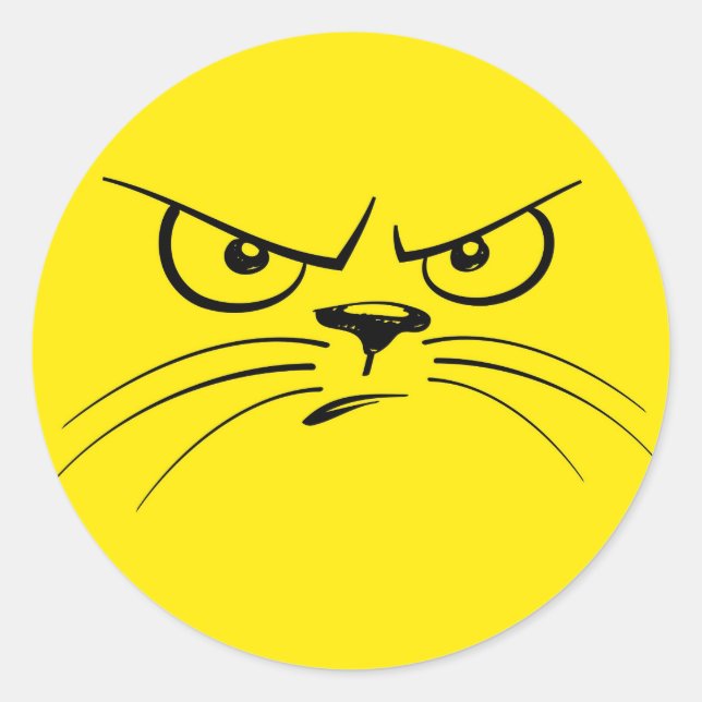 Angry Cat Cartoon Face, Yellow Classic Round Sticker (Front)