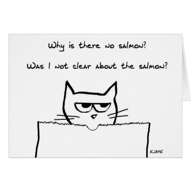 Angry Cat Demands Salmon - Funny Cat Card (Front Horizontal)
