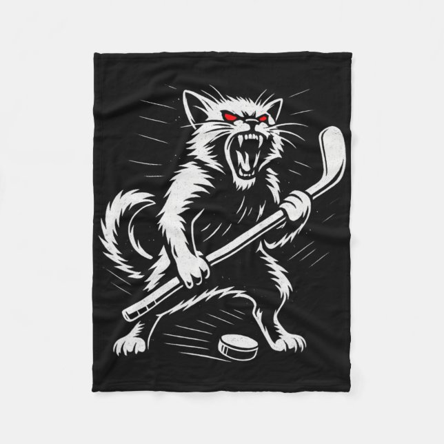 Angry Cat Ice Hockey Player Design Gift For Men Wo Fleece Blanket (Front)