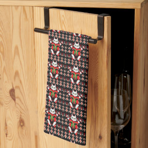 Angry Cat in a Christmas Pattern Cool Christmas Tea Towel