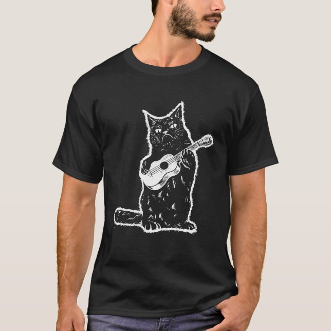 Angry Cat Playing Ukulele Music Sarcasm Kitten Vin T-Shirt (Front)