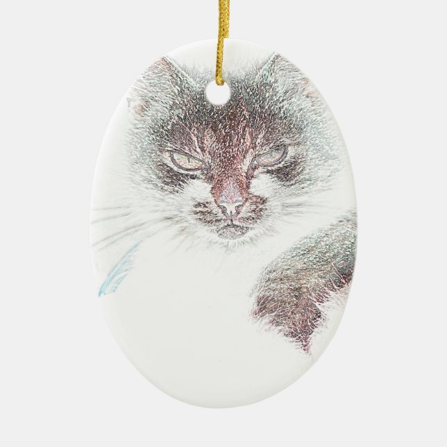 Angry Cute Cate Face Sketch Ceramic Tree Decoration (Front)