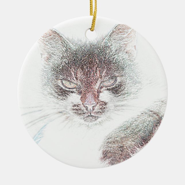 Angry Cute Cate Face Sketch Ceramic Tree Decoration (Front)