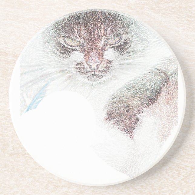 Angry Cute Cate Face Sketch Coaster (Front)