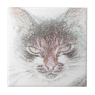 Angry Cute Cate Face Sketch Tile