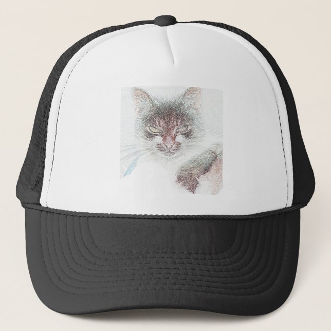 Angry Cute Cate Face Sketch Trucker Hat (Front)