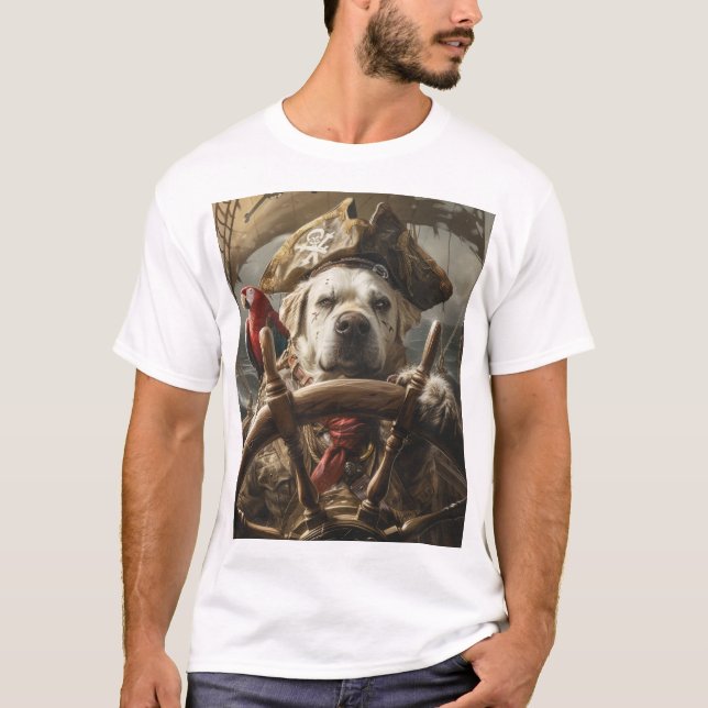 Angry Dog in Pirate Hat Steering the Ship T-shirt (Front)