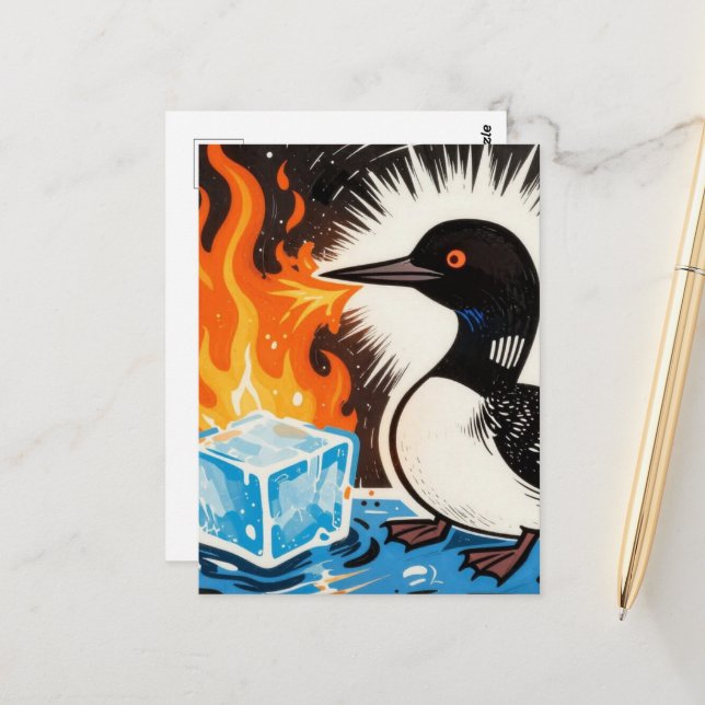 Angry fire breathing MN Loon melting ice Postcard (Front/Back In Situ)