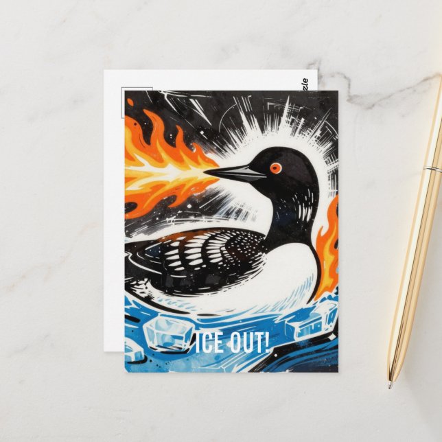 Angry fire breathing MN Loon melting ice Protest Postcard (Front/Back In Situ)