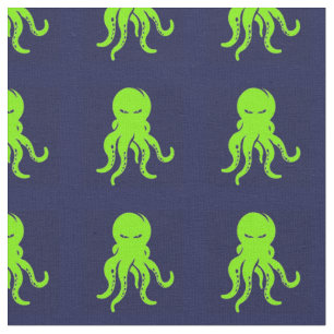 Angry green octopus on blue fabric