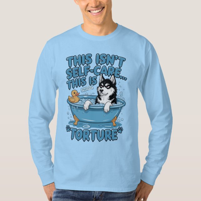 Angry Husky Bath Time Protest T-Shirt (Front)