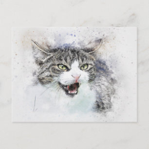 Angry Kitty Abstract Watercolor Postcard