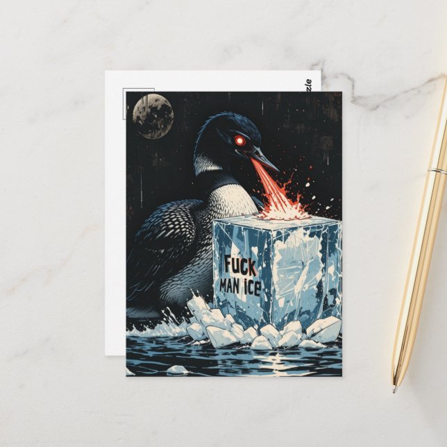 Angry lazer eyes MN Loon melting ice Postcard (Front/Back In Situ)
