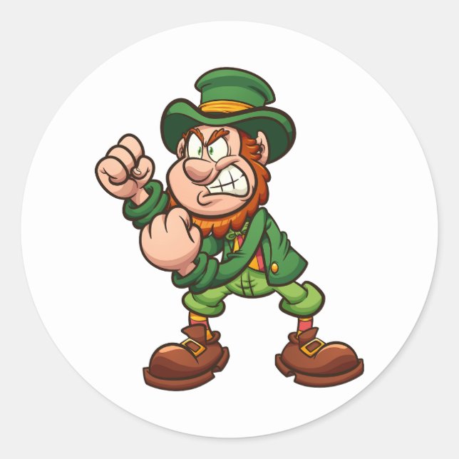 angry leprechaun holding fists up ready to fight c classic round sticker (Front)