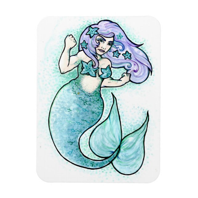 Angry little buff mermaid magnet (Vertical)