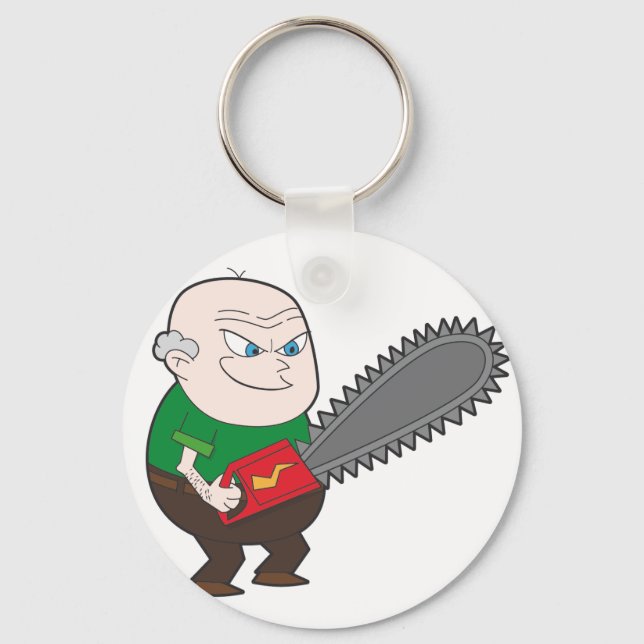 Angry man with chainsaw cartoon key ring (Front)