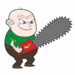 Angry man with chainsaw cartoon photo sculpture magnet<br><div class="desc">This is a cartoon illustration of an older bold man who's looking kinda angry at his chainsaw. Let's hope he's only planning on cutting down a tree and nothing more evil then that!</div>