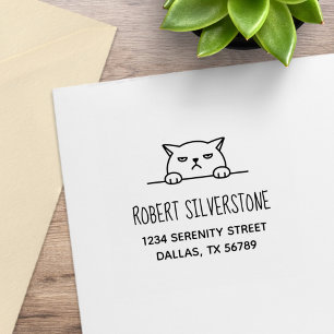 Angry Moody Cat Peeking above Address 2 Rubber Stamp