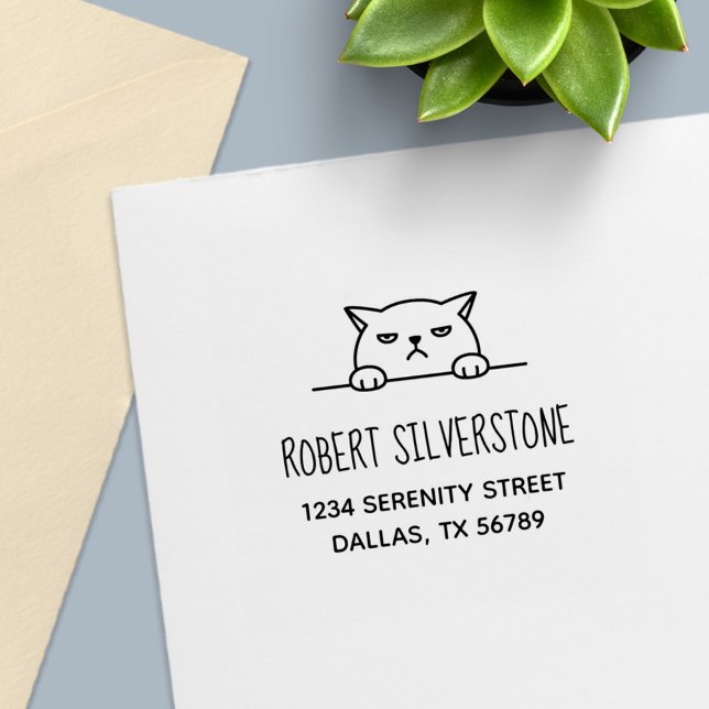 Angry Moody Cat Peeking above Address Self-inking Stamp (Creator Uploaded)