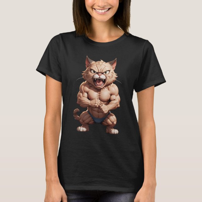 Angry muscular cat cute funny angry cat T-Shirt (Front)