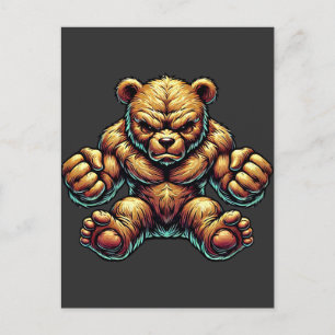 Angry Muscular Teddy bear colour illustration art  Postcard