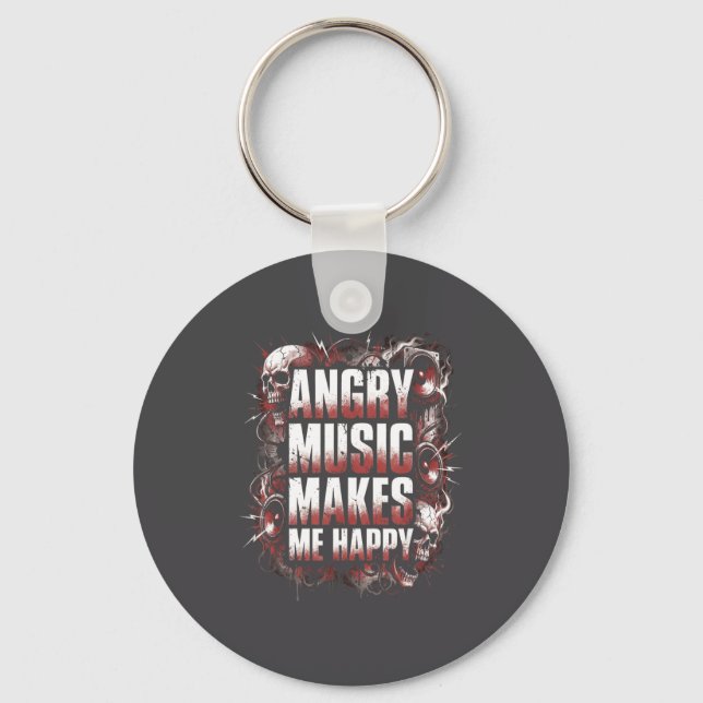 Angry Music Makes Me Happy Heavy Metal Skull Rock  Key Ring (Front)